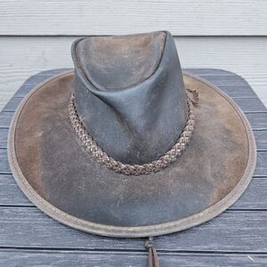 Zephyr Outback Western Rancher Hat Smooth Brown Leather w/ Chin Strap Vintage M